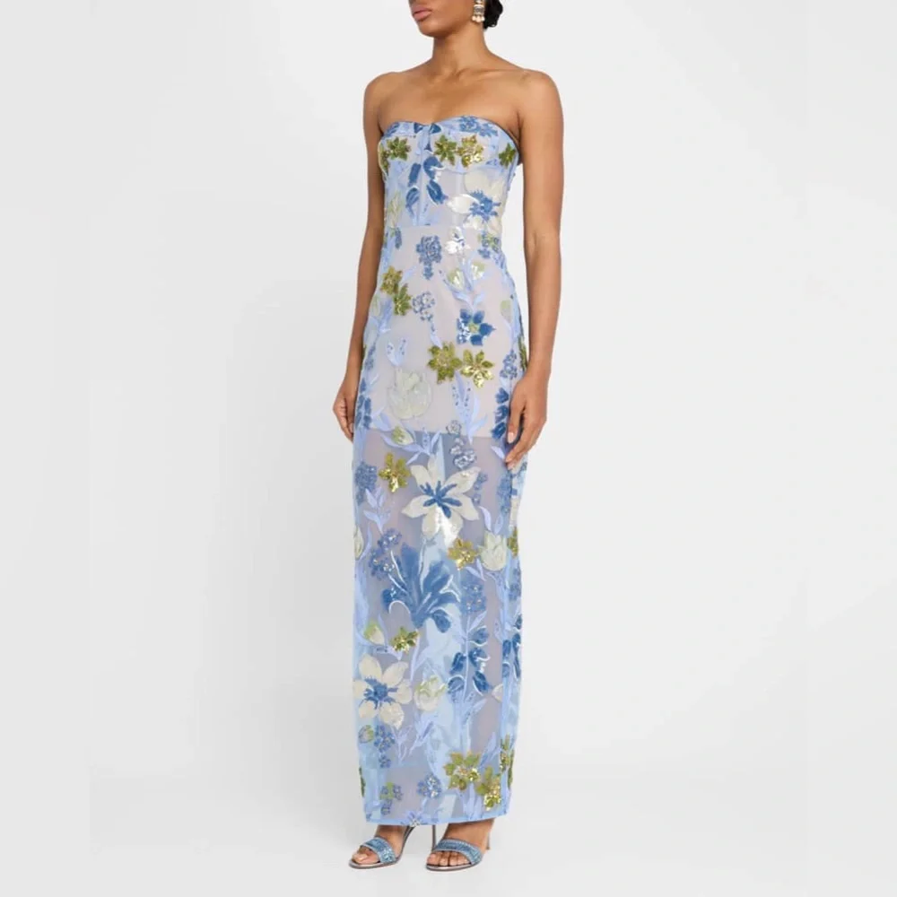 NWOT Bronx and Banco Dahlia Sequin Floral Column Gown IN Baby Blue - Picture 5 of 16